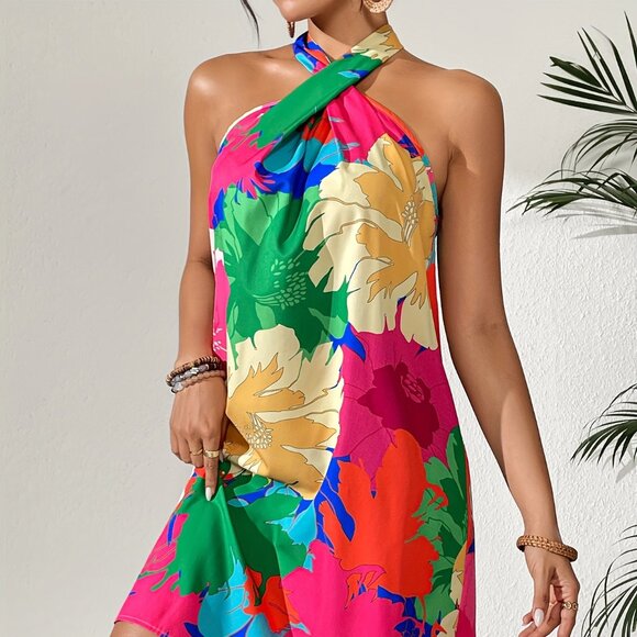 Floral Print Halter Neck Loose Dress - Elegant Sleeveless Dress - Picture 2 of 5